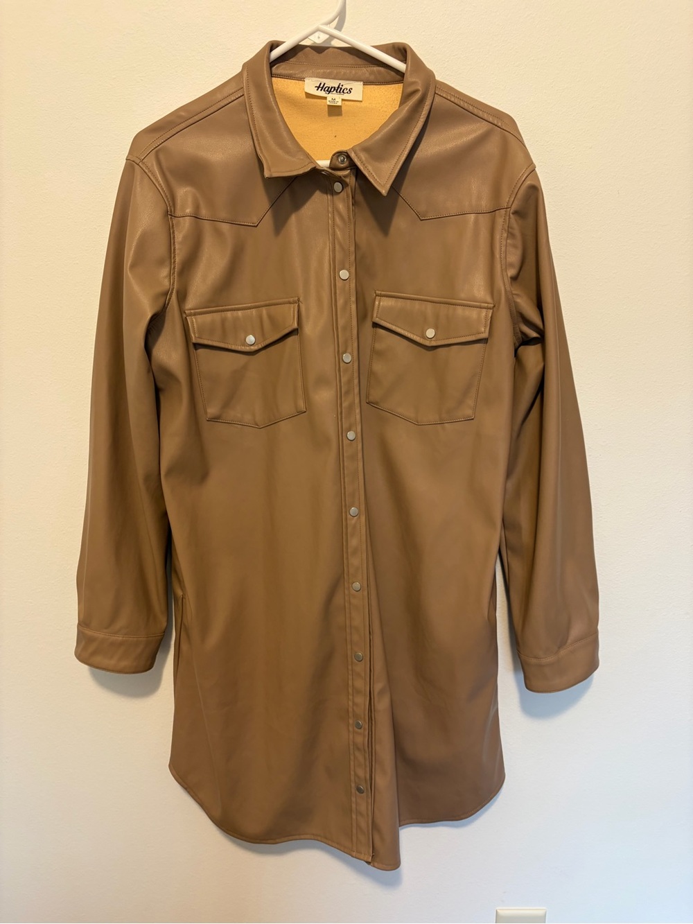 Haptics Women's Tan Faux Leather Shirt Jacket